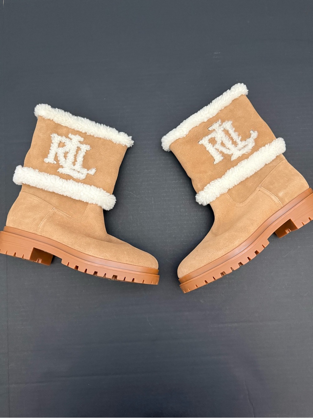 Ralph Lauren Tan Suede Logo Shearling-Trim Boots Size 10 - Picture 7 of 16